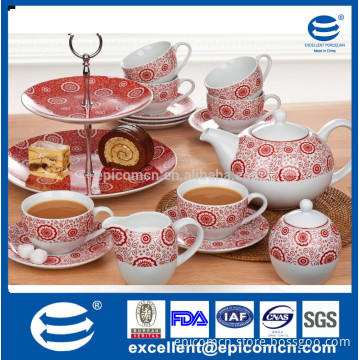 Grace tea ware wholesaler, ceramic tea set with customized logo, drinkware 19pcs for 6 person